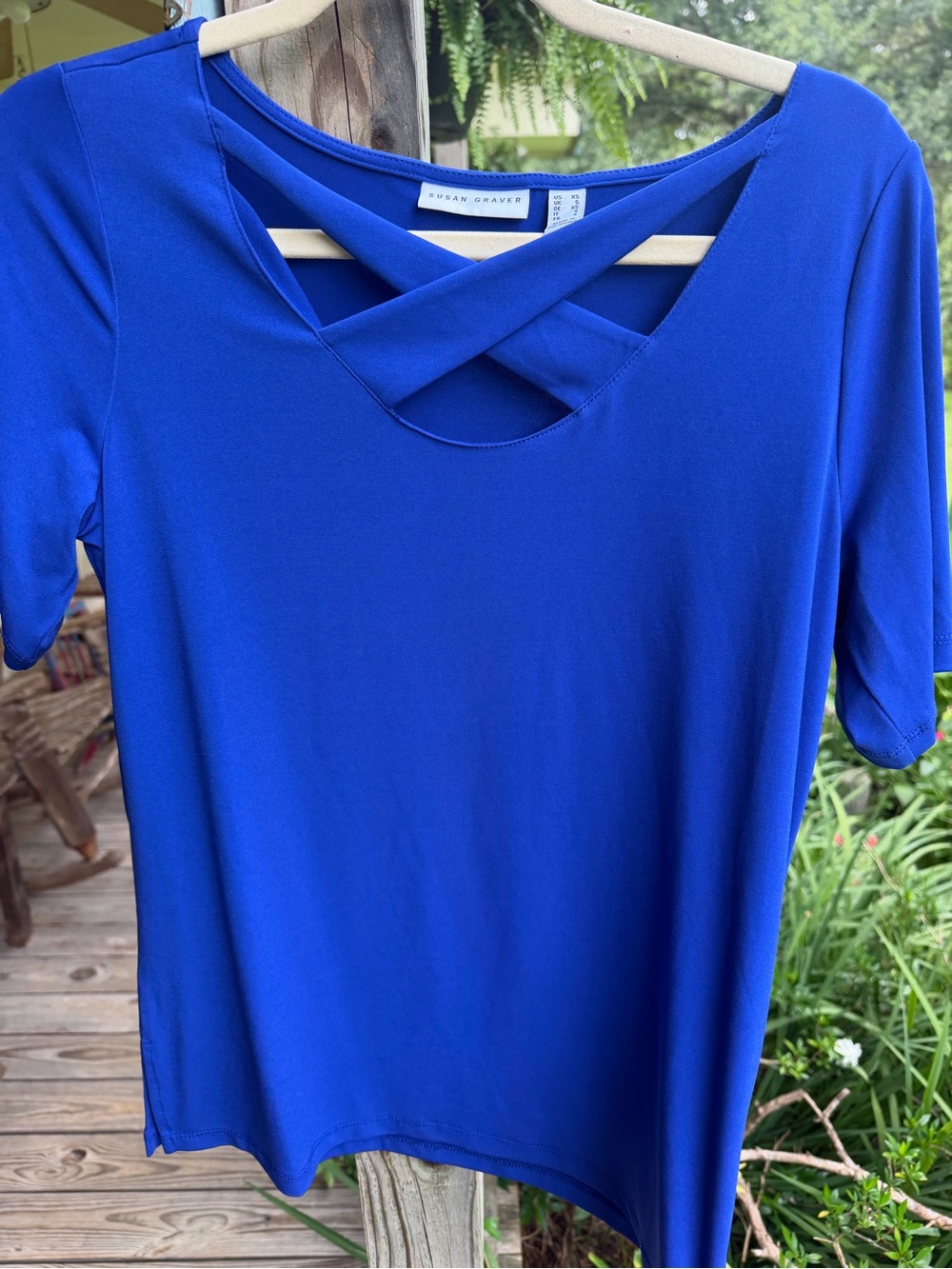 Susan Graver Cobalt Blue Short-Sleeve Top with Crisscross Neckline